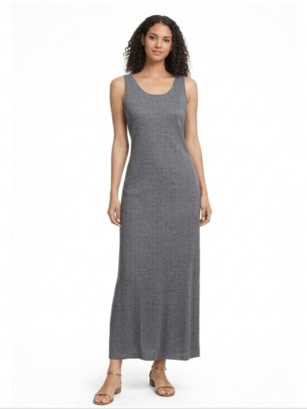 Carole Little Gray Textured Knit Sleeveless Scoop Neck Maxi Dress